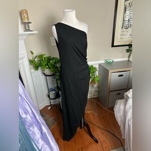 Black One-Shoulder Asymmetrical Rayon Stretch Women’s Dress